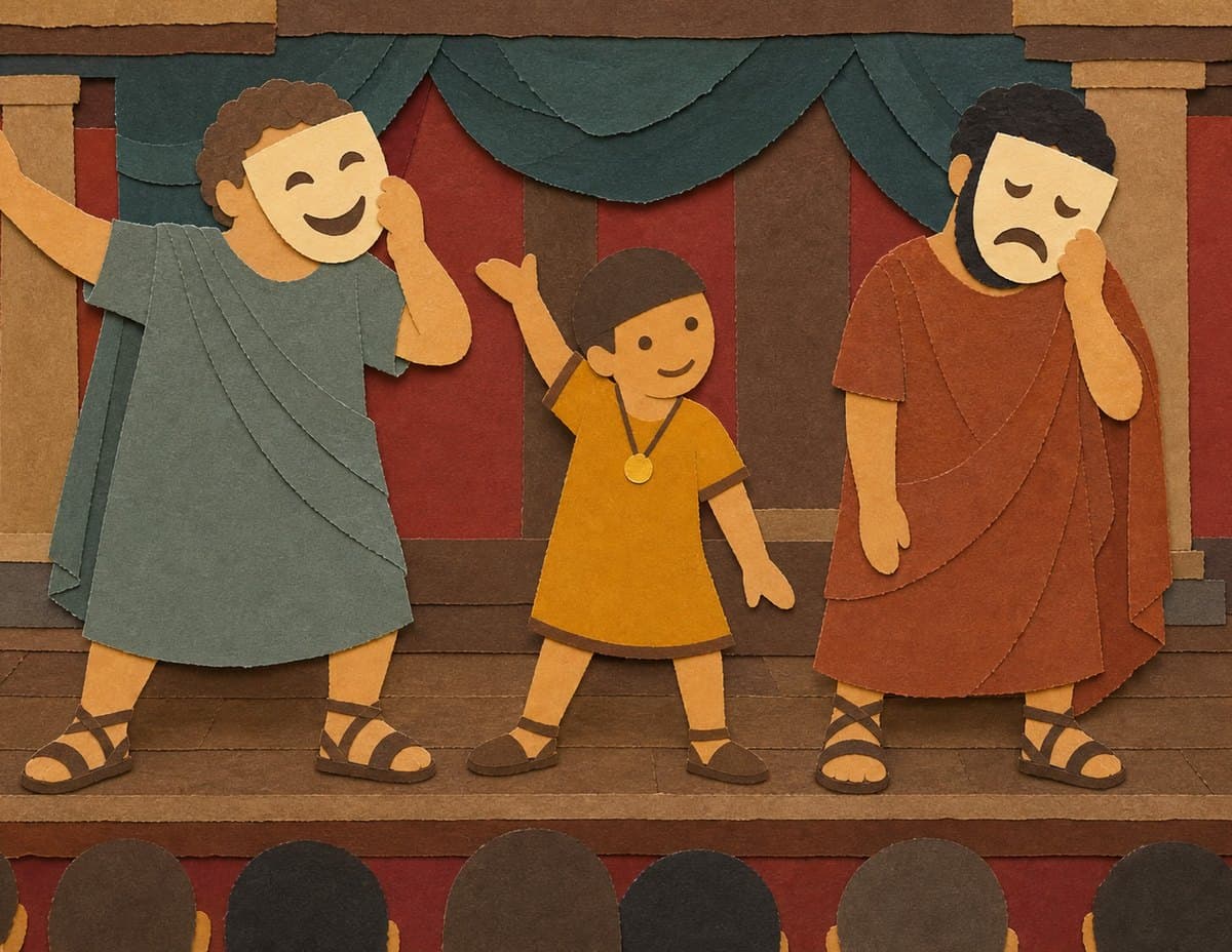 Young Cicero stands on a stage between two actors, one holding a smiling mask and one a frowning mask, in cut-paper collage