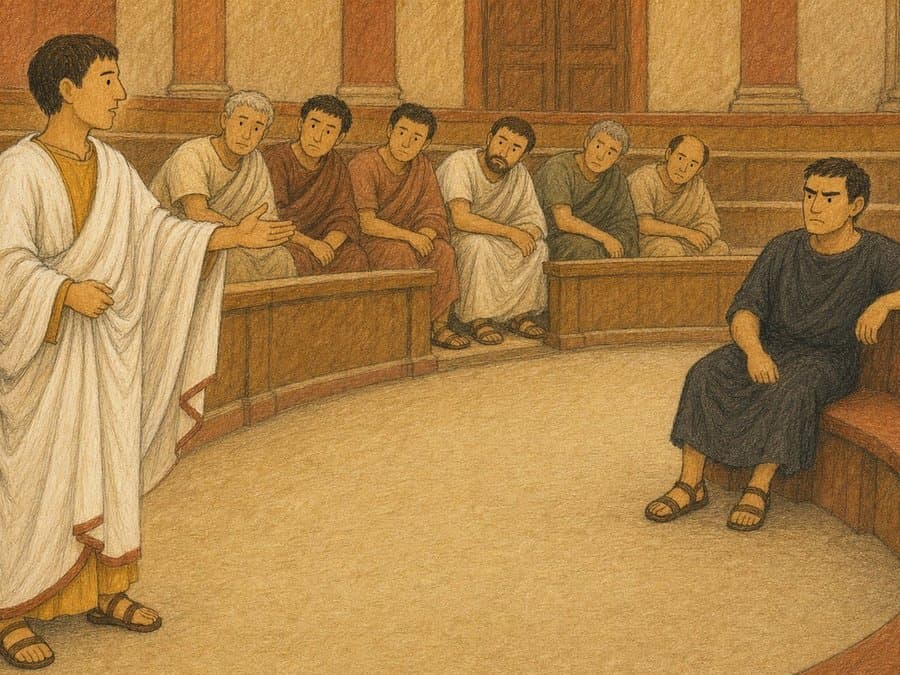 Cicero stands and speaks in the senate while Catiline sits alone on an empty curved bench, in soft crayon