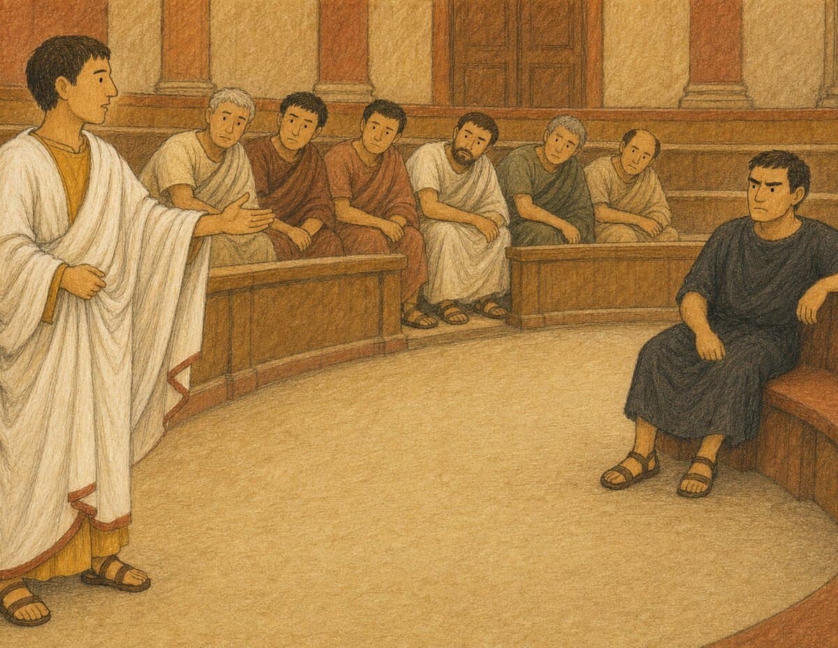 Cicero stands and speaks in the senate while Catiline sits alone on an empty curved bench, in soft crayon