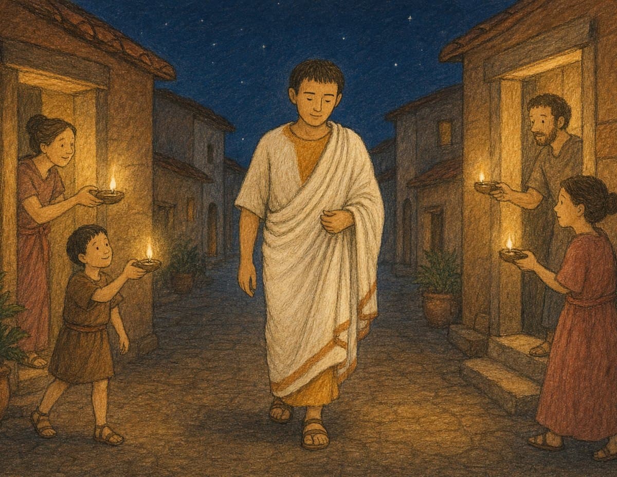 Cicero walks down a street at night while people in the doorways hold up lamps, in soft crayon