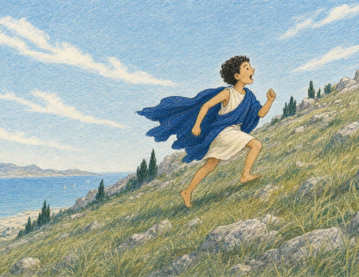 Demosthenes runs up a steep grassy hillside above the sea, his cloak flying out behind him, in soft crayon