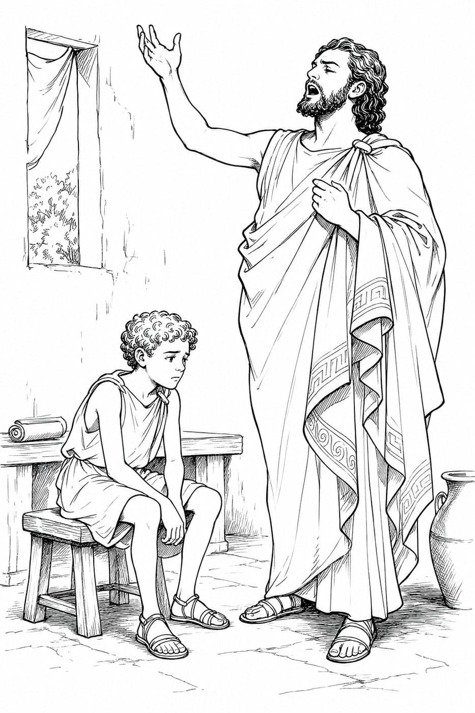 A bearded actor raises one arm and declaims while young Demosthenes sits on a bench and listens, in black-and-white line art