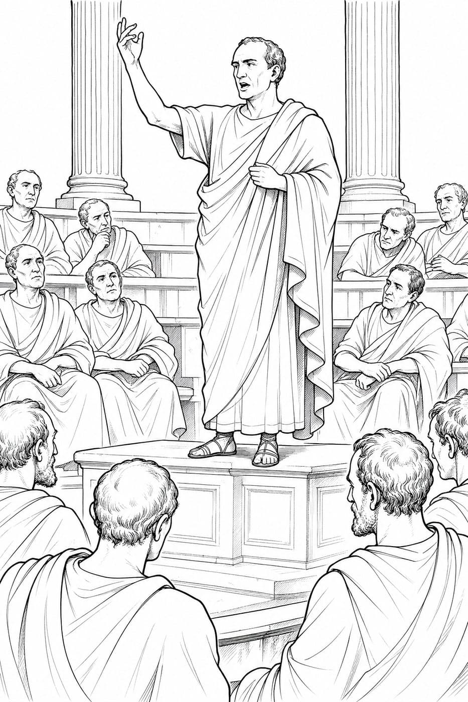 Cicero, one arm raised, speaks from a platform between columns to rows of seated senators, in black-and-white line art