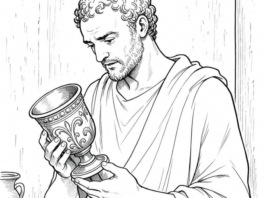 Demosthenes looks down at an ornate cup with a single handle, holding it in both hands, in black-and-white line art