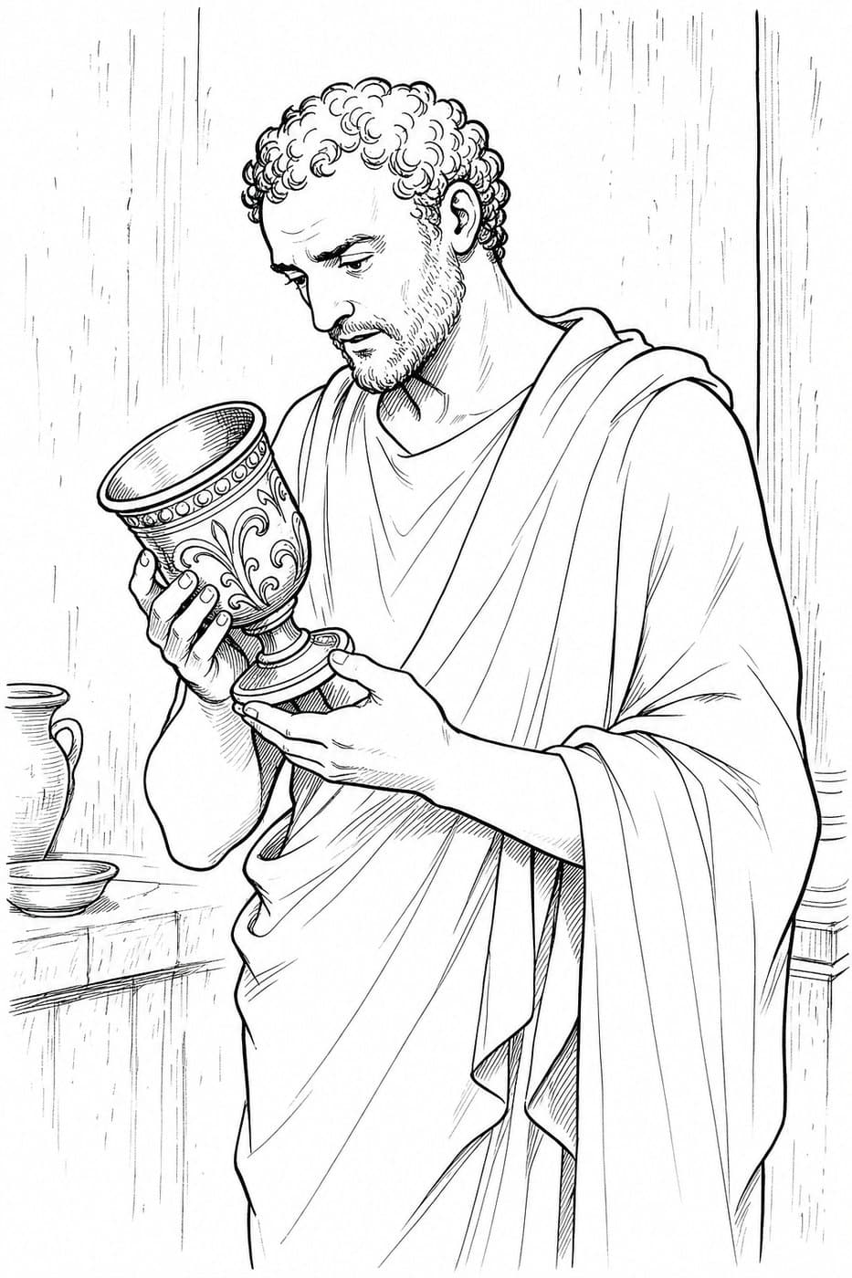 Demosthenes looks down at an ornate cup with a single handle, holding it in both hands, in black-and-white line art