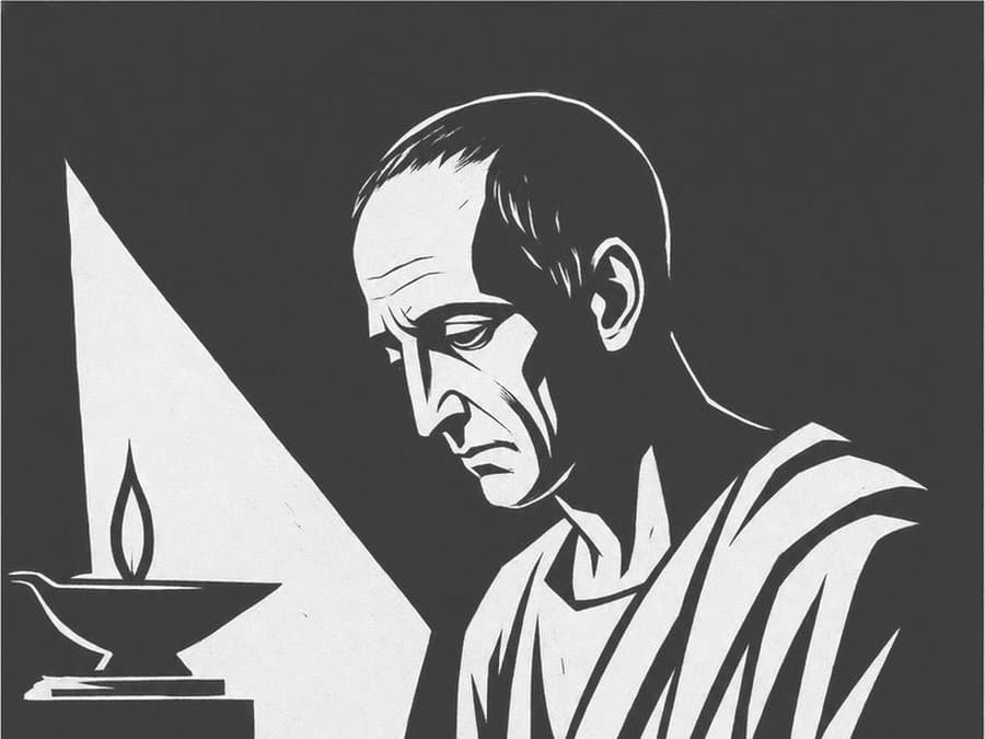 Cicero sits reading a sheet of paper beside a lit oil lamp, in black-and-white woodcut