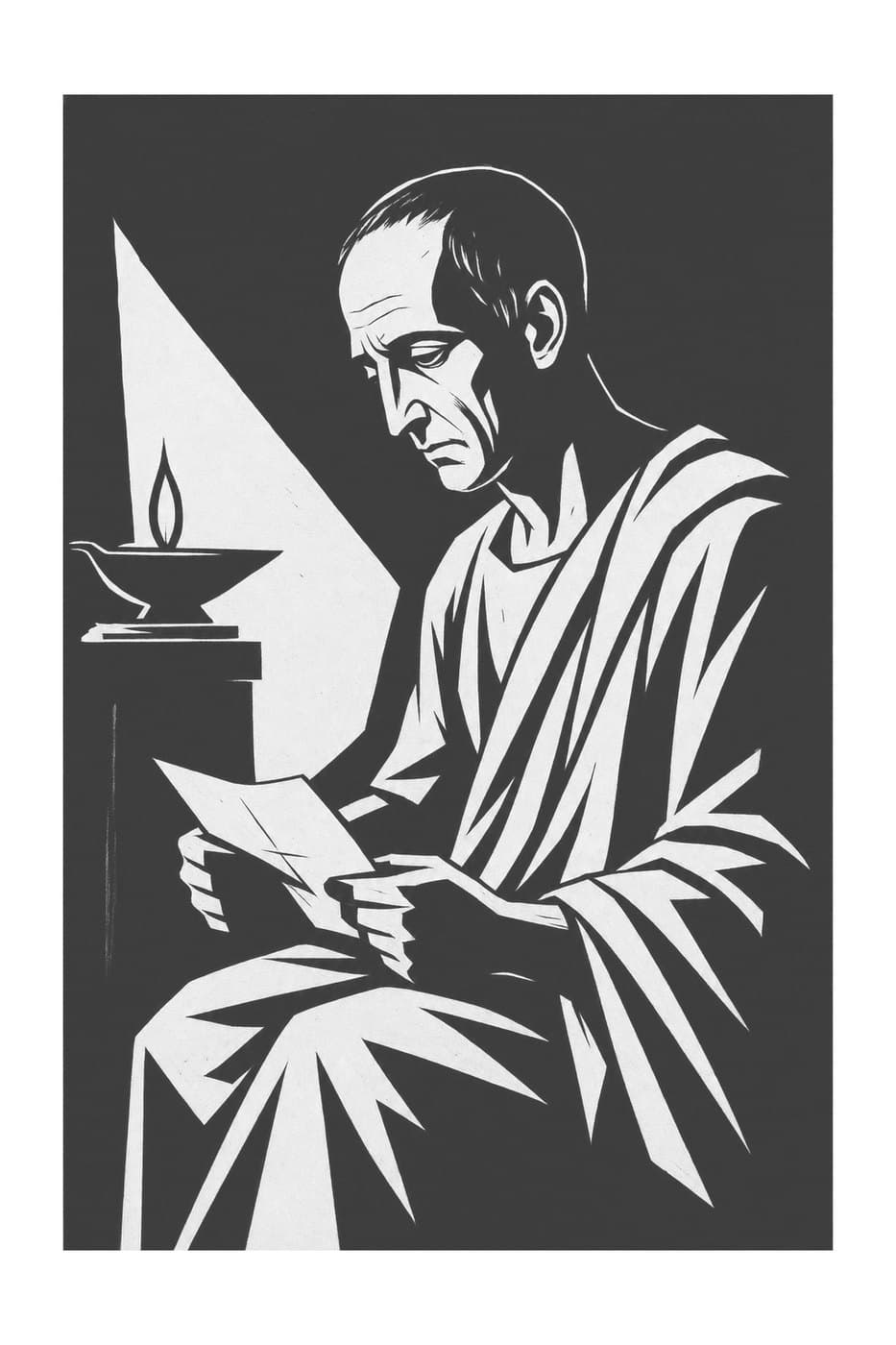 Cicero sits reading a sheet of paper beside a lit oil lamp, in black-and-white woodcut