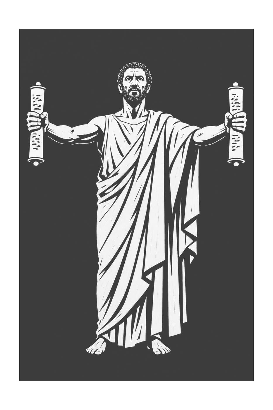Demosthenes stands with his arms spread wide, a scroll in each hand, in black-and-white woodcut