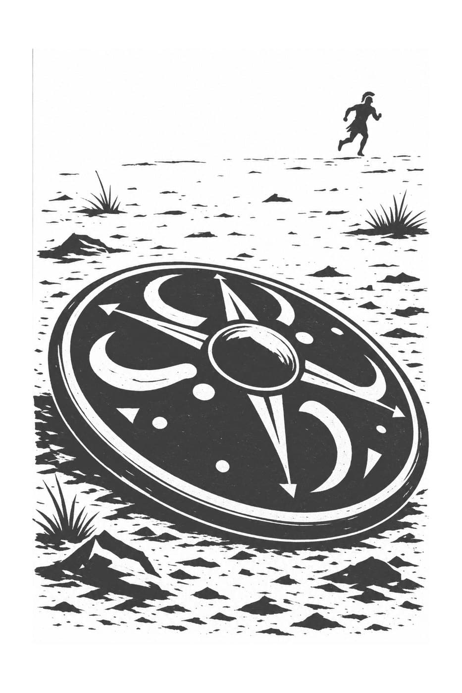 A dropped shield lies on a rough, empty field while a tiny figure runs away in the distance, in black-and-white woodcut
