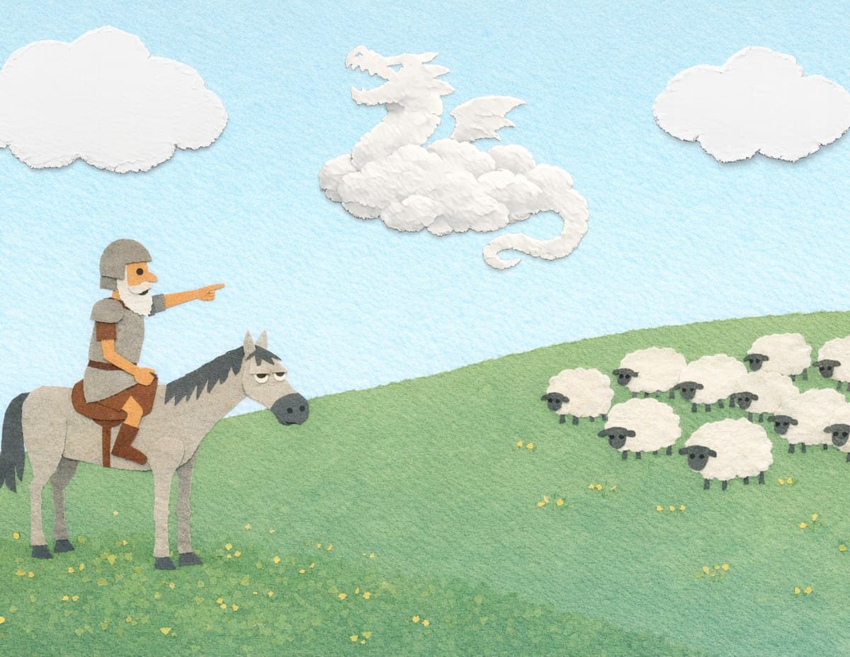 Don Quixote on his gray horse points up at a dragon-shaped cloud above a flock of sheep on a green hill, in cut-paper collage
