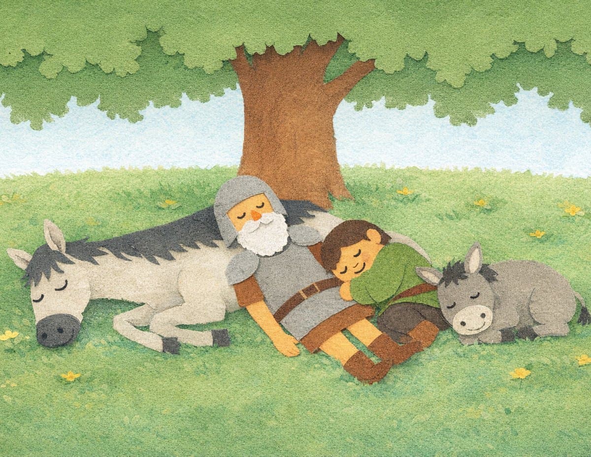 The knight and Sancho asleep under a big tree, curled up with the horse and the donkey, in cut-paper collage