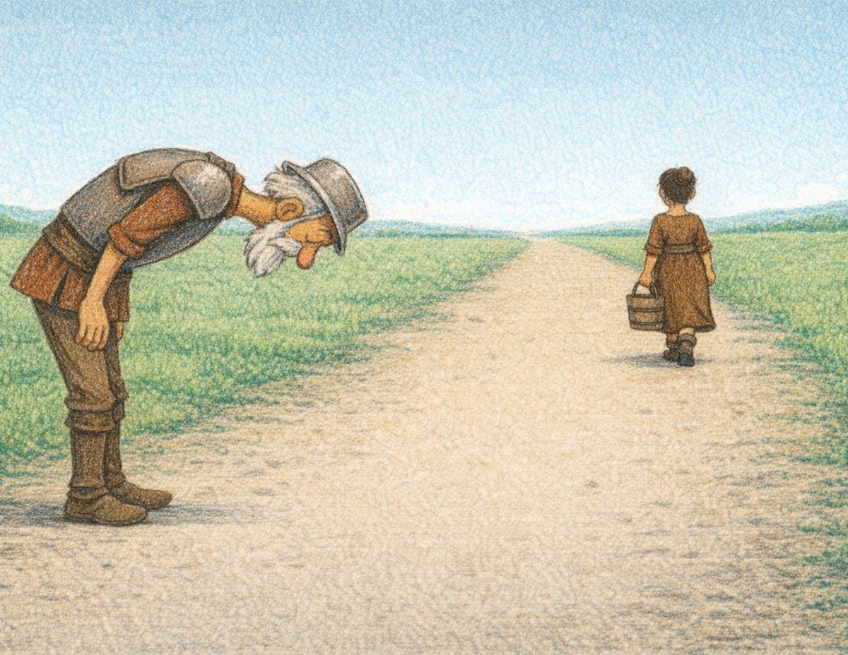 Don Quixote bows low on a dirt road while a girl carrying a basket walks away without turning around, in soft crayon