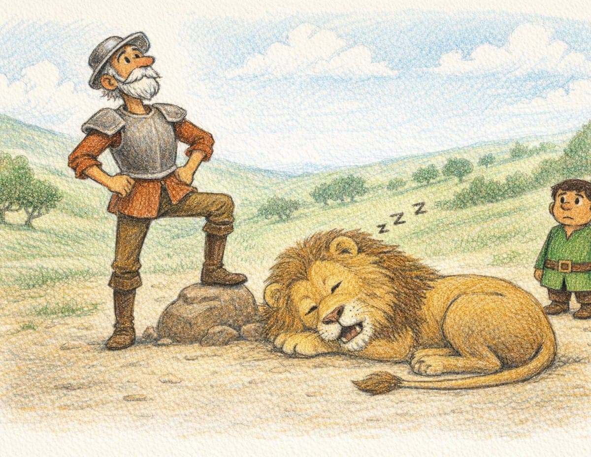Don Quixote stands with one foot on a rock and his hands on his hips beside a sleeping lion, while Sancho peeks in from the side, in soft crayon