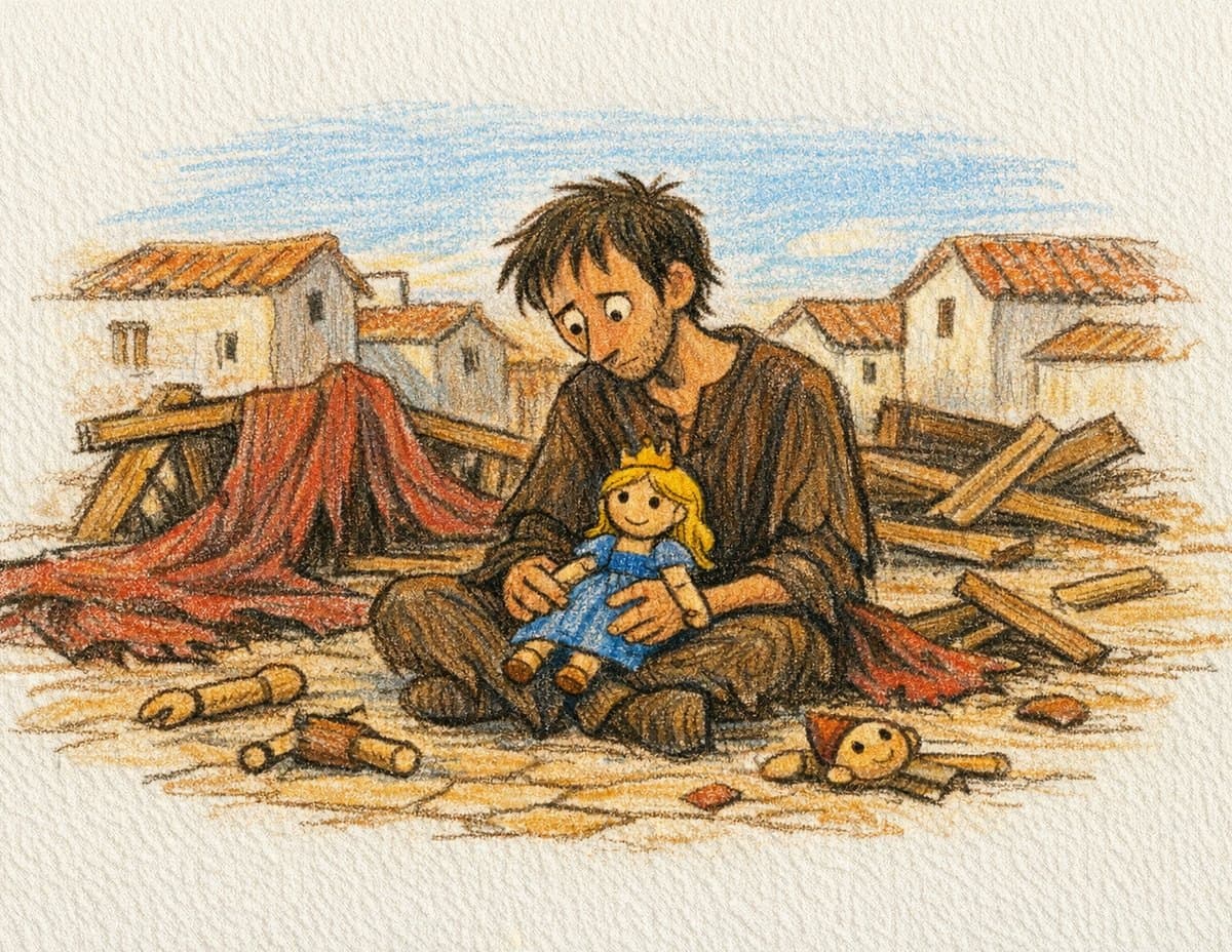 The puppet man sits among broken wood and scattered puppet heads, holding a small princess puppet, in soft crayon