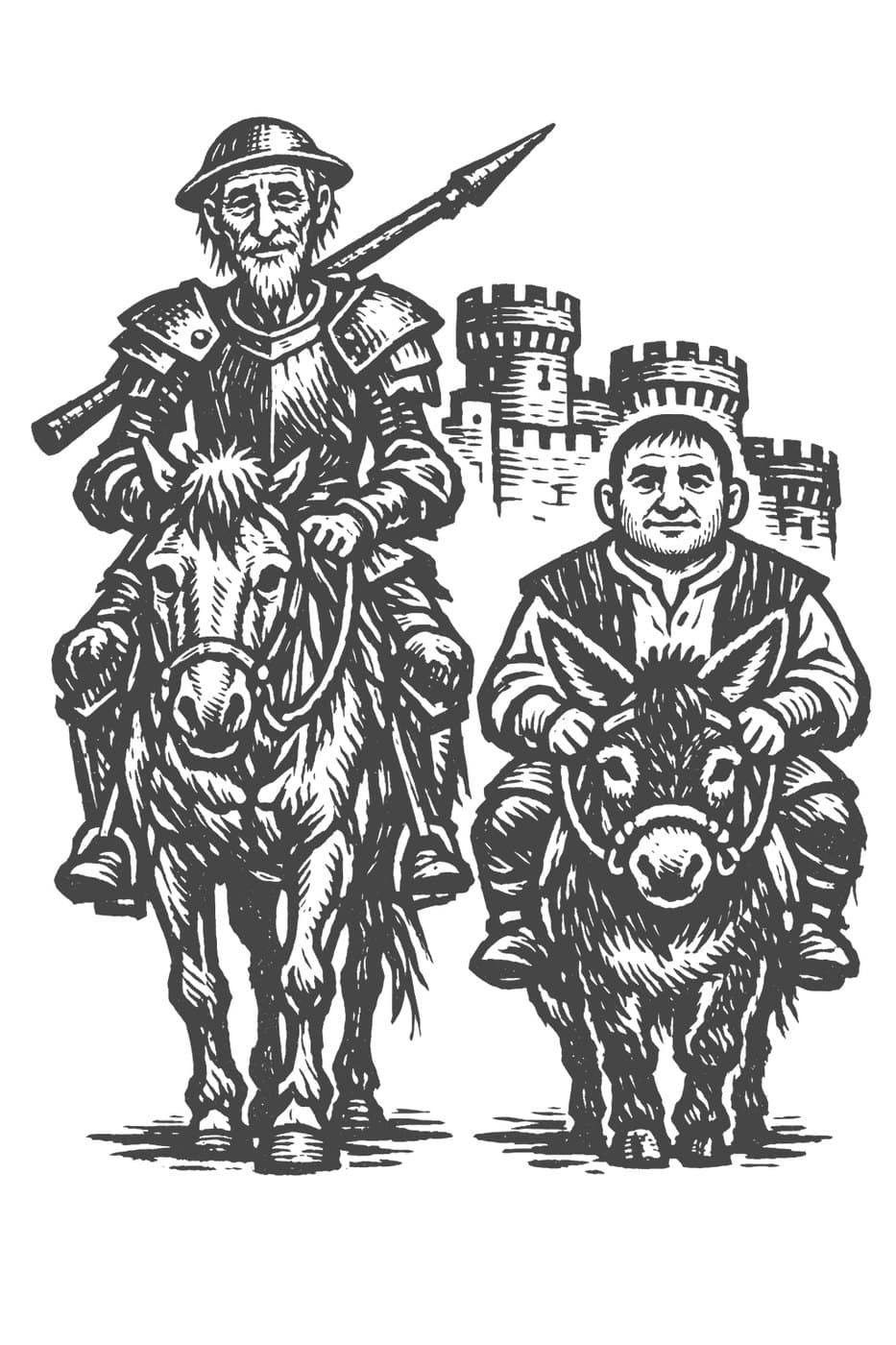 Don Quixote with his lance on his horse and Sancho on his donkey ride side by side, with a castle behind them, in black-and-white line art