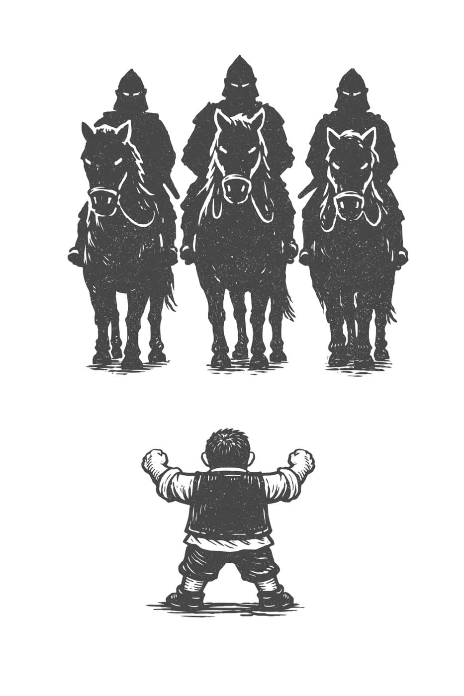 Sancho, seen from behind, plants his feet with fists raised in front of three riders on horseback, in black-and-white line art