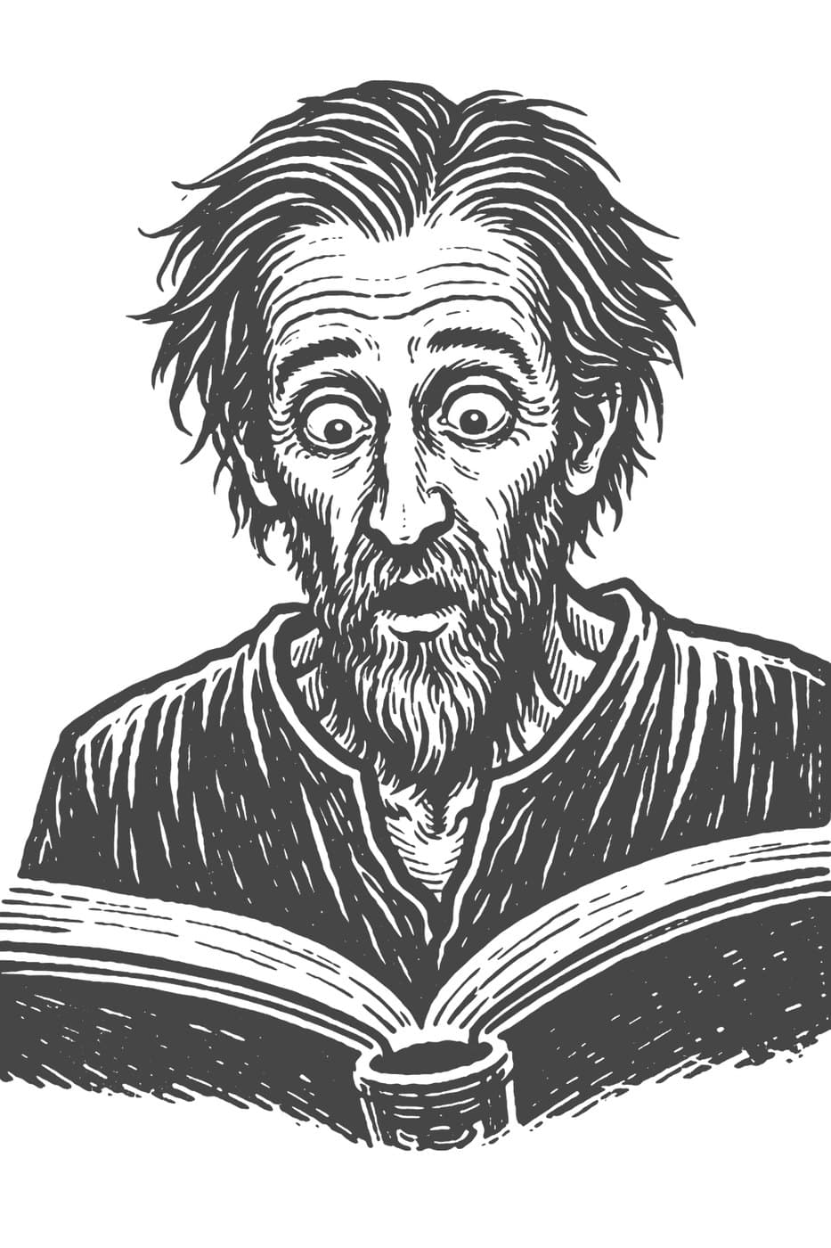 A thin, wild-haired man stares wide-eyed over the top of an open book, in black-and-white line art
