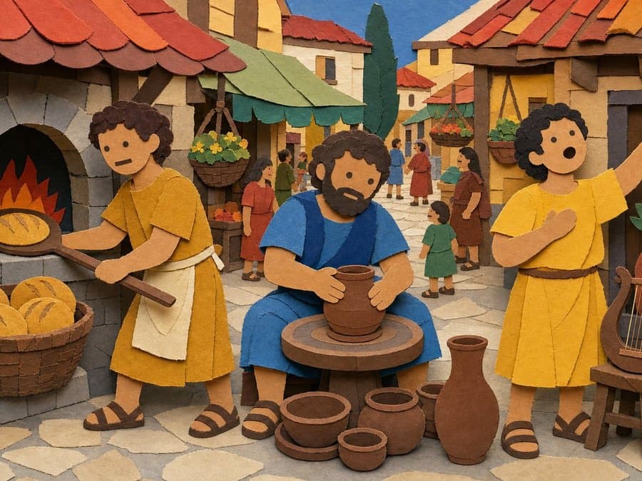 A baker pulls loaves from an oven, a potter works at his wheel, and a man in yellow sings with his arm raised, in cut-paper collage