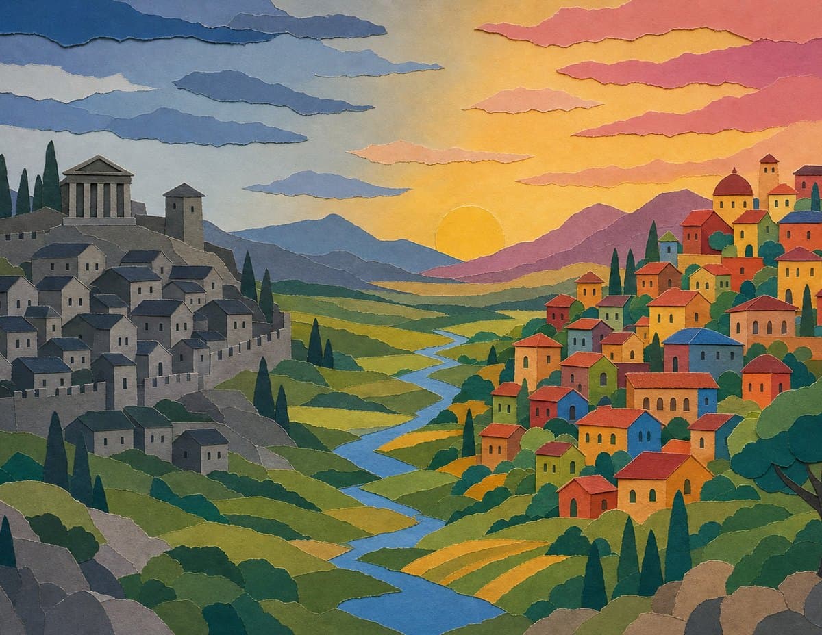 A gray hill town of matching houses and a bright town of many-colored roofs face each other across a river valley at sunset, in cut-paper collage