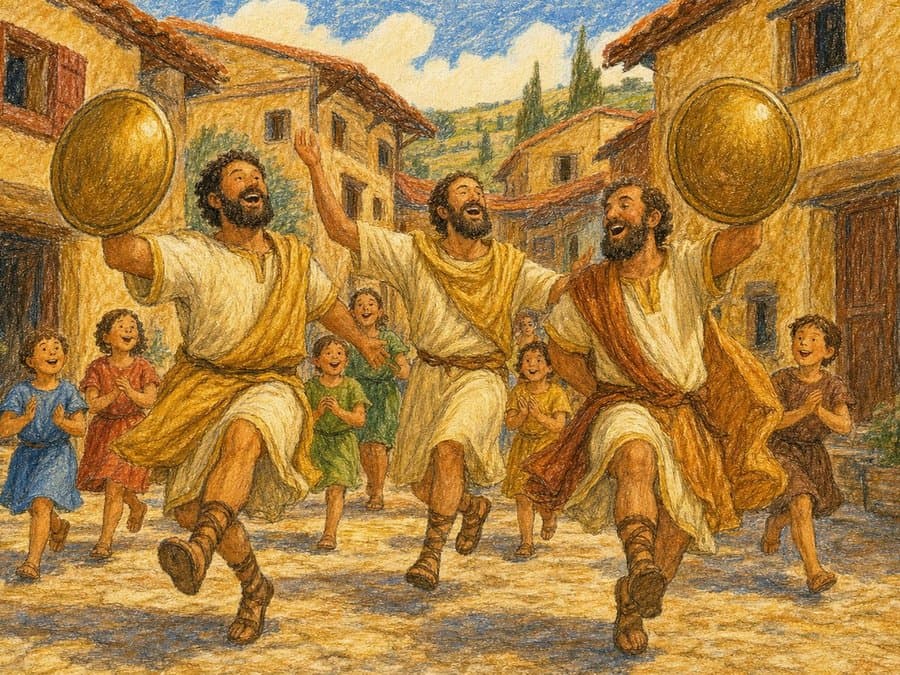 Priests leap down a village street holding up round golden shields as children run alongside, in soft crayon