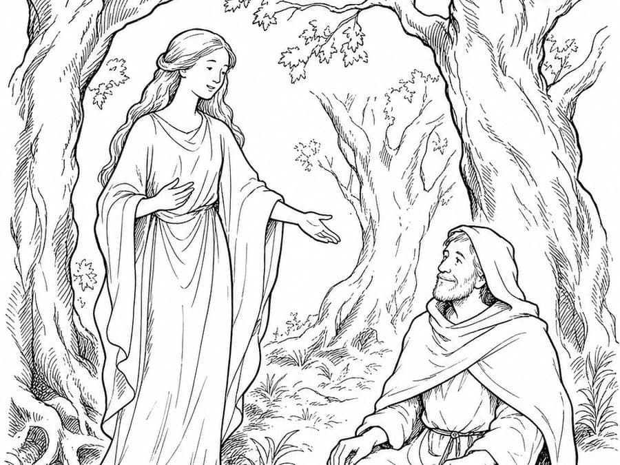 A woman in a long robe stands among old trees and gestures to a hooded man seated on the roots beside a spring, in black-and-white line art