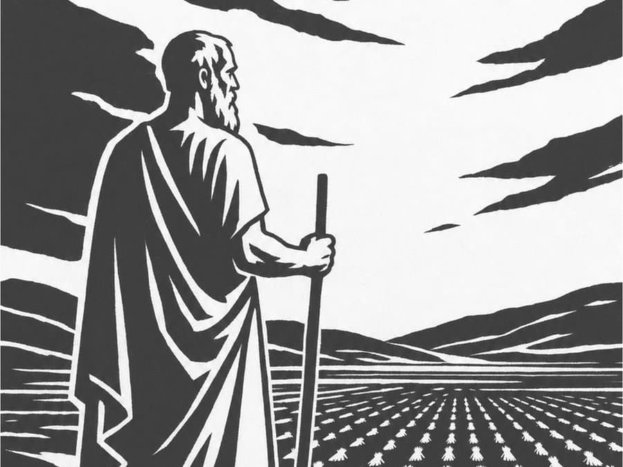 Lycurgus, leaning on a staff, looks out over a wide field of evenly spaced grain stacks, in black-and-white woodcut