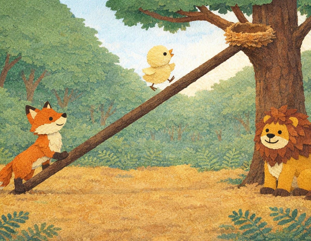 The fox leans a long branch up to a nest in a tree as a baby bird hops up it and the lion sits watching, in cut-paper collage