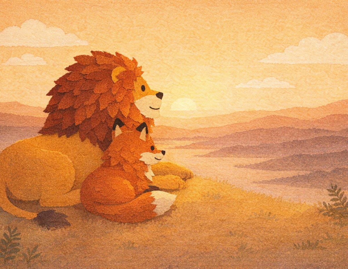 The lion and the fox rest side by side on a hilltop at sunset, in cut-paper collage