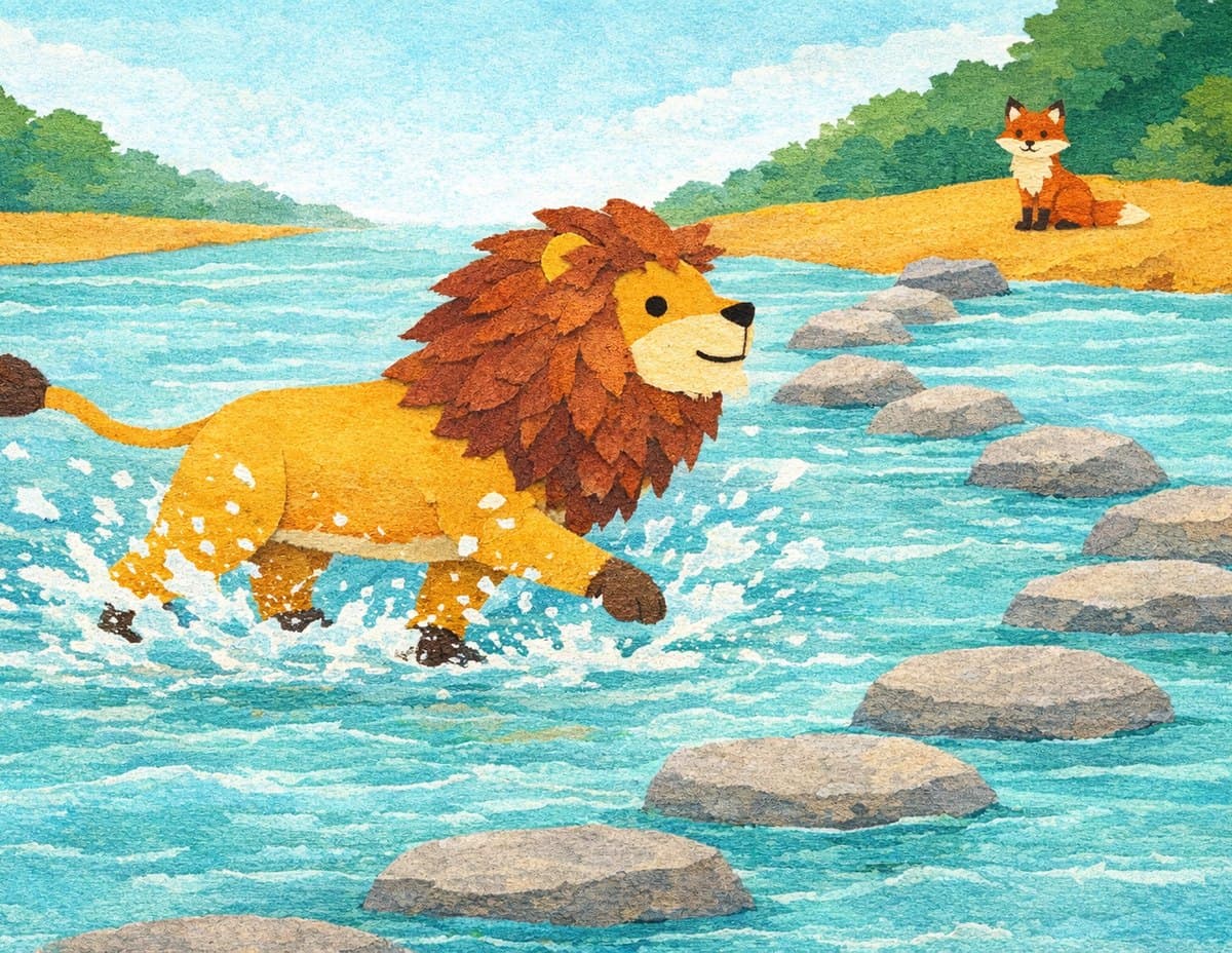 The lion splashes through a rushing river beside a line of stepping stones while the fox waits on the far bank, in cut-paper collage