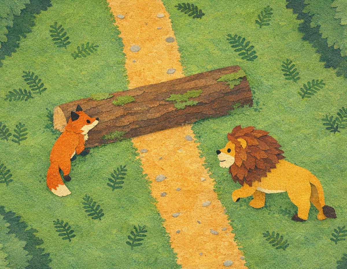 Seen from above, the fox slips around the end of a fallen log while the lion waits on the path, in cut-paper collage