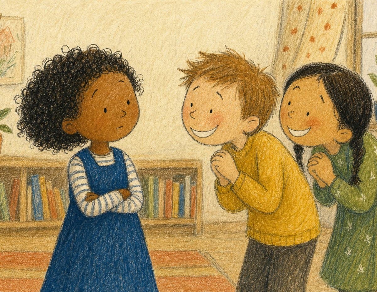 A girl stands with her arms folded while two grinning children lean in toward her with clasped hands, in soft crayon