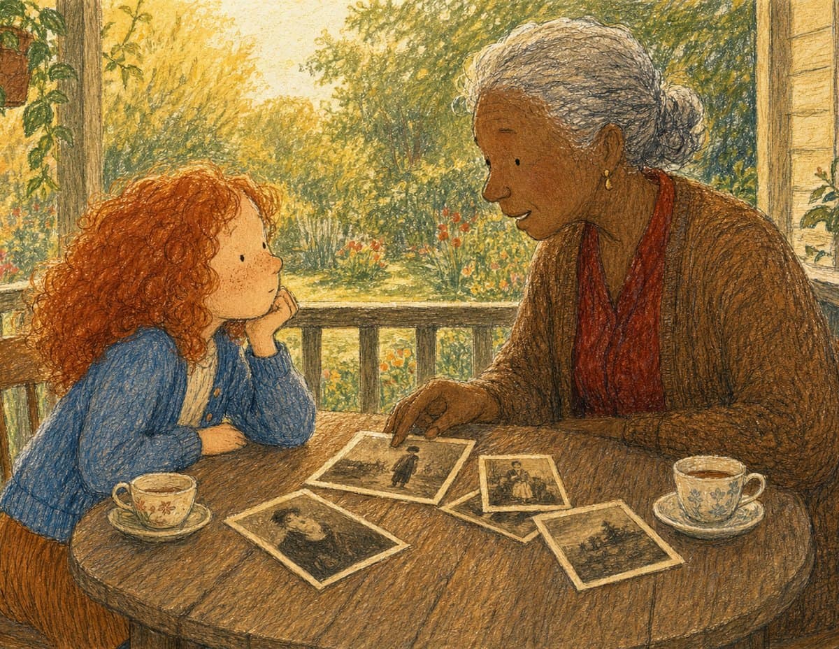 A red-haired girl rests her chin on her hand while an older woman shows her old photographs across a porch table, in soft crayon