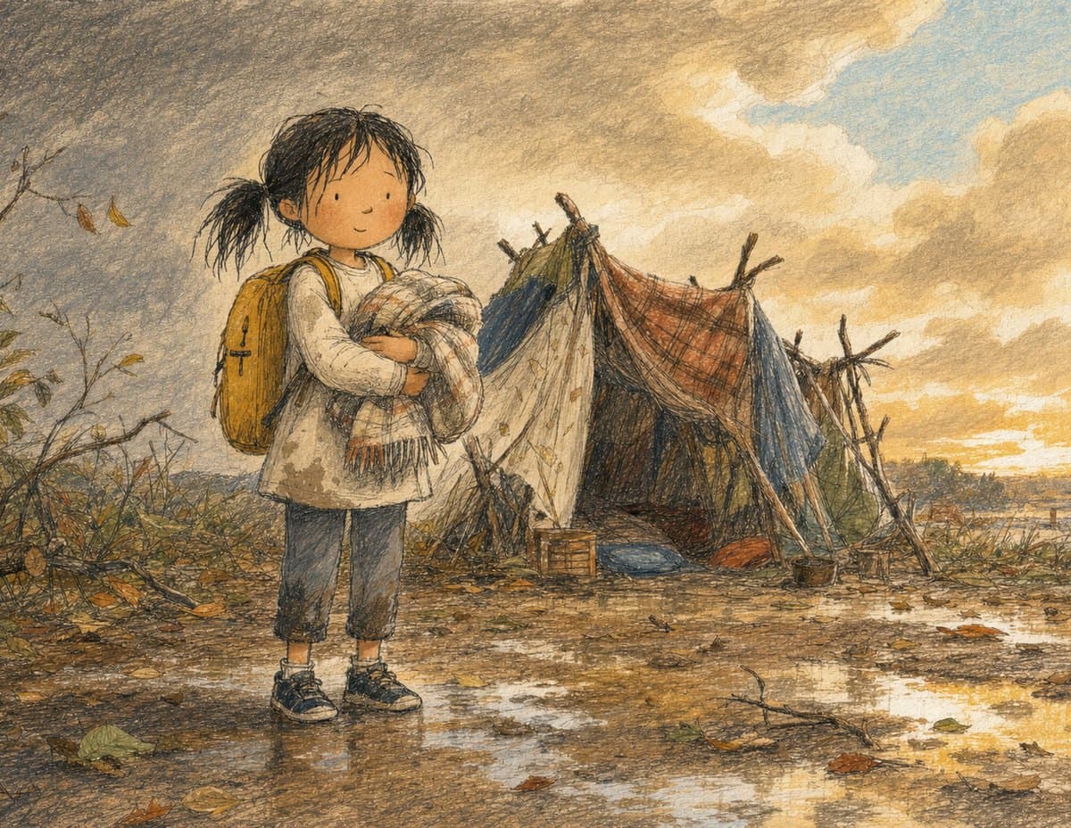 A smiling girl with a backpack hugs a blanket beside a tent of sticks and blankets on muddy, puddled ground, in soft crayon