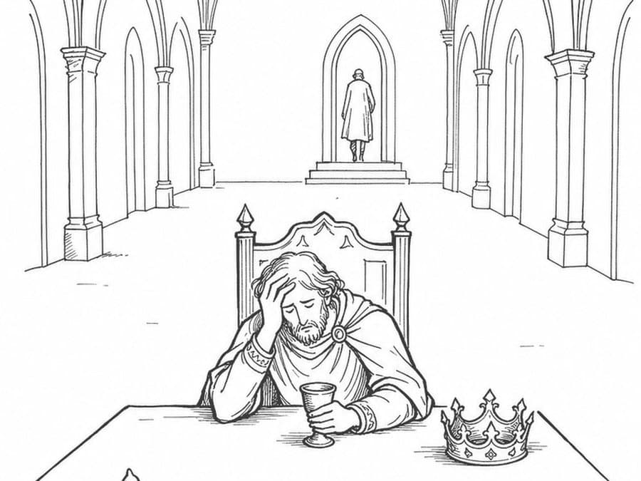 A man sits alone at a long table in a vaulted hall, head in his hand, a crown set down beside his cup and an empty chair in front, in black-and-white line art