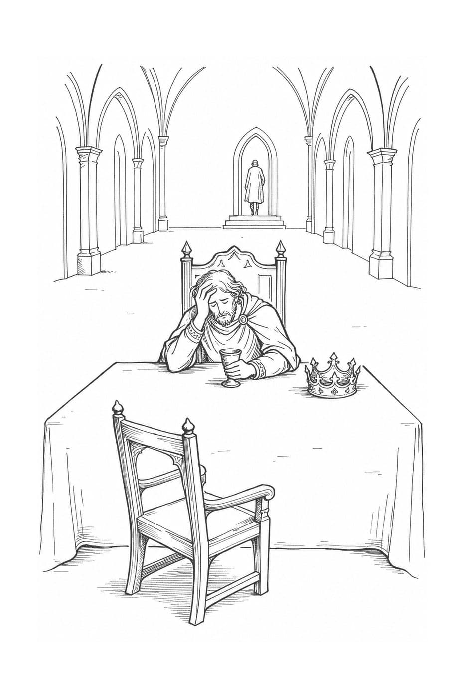 A man sits alone at a long table in a vaulted hall, head in his hand, a crown set down beside his cup and an empty chair in front, in black-and-white line art