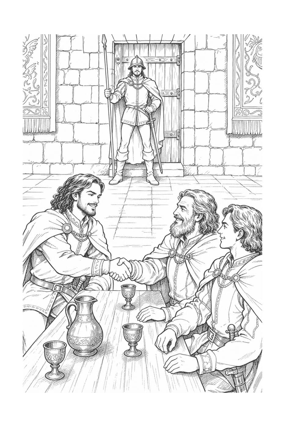 A smiling man shakes hands with guests at a table set with a jug and cups while a guard stands at the closed door behind them, in black-and-white line art