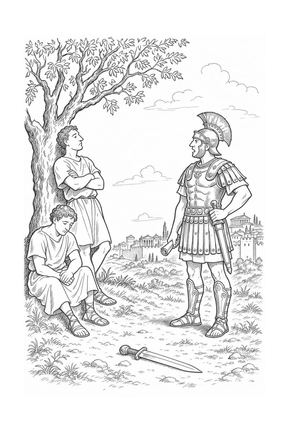 Two men in tunics wait under a tree with a sword lying on the ground at their feet as a Roman soldier in a crested helmet faces them, in black-and-white line art