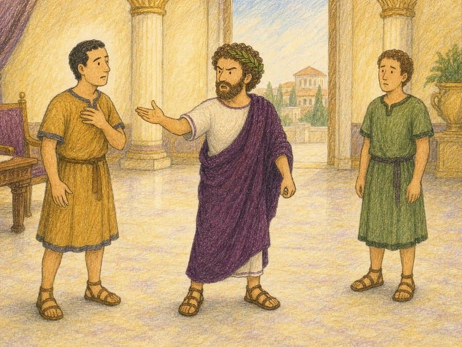Marcus, in a purple robe, gestures as he stands between two men in tunics in a hall with columns, in soft crayon
