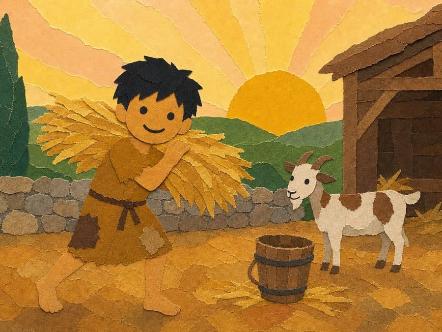 A barefoot boy in a patched tunic carries a bundle of wheat past a barn as the sun comes up behind him and a goat looks on, in cut-paper collage
