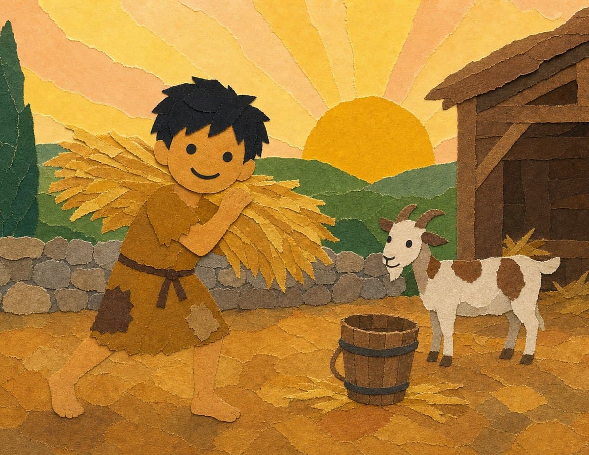 A barefoot boy in a patched tunic carries a bundle of wheat past a barn as the sun comes up behind him and a goat looks on, in cut-paper collage