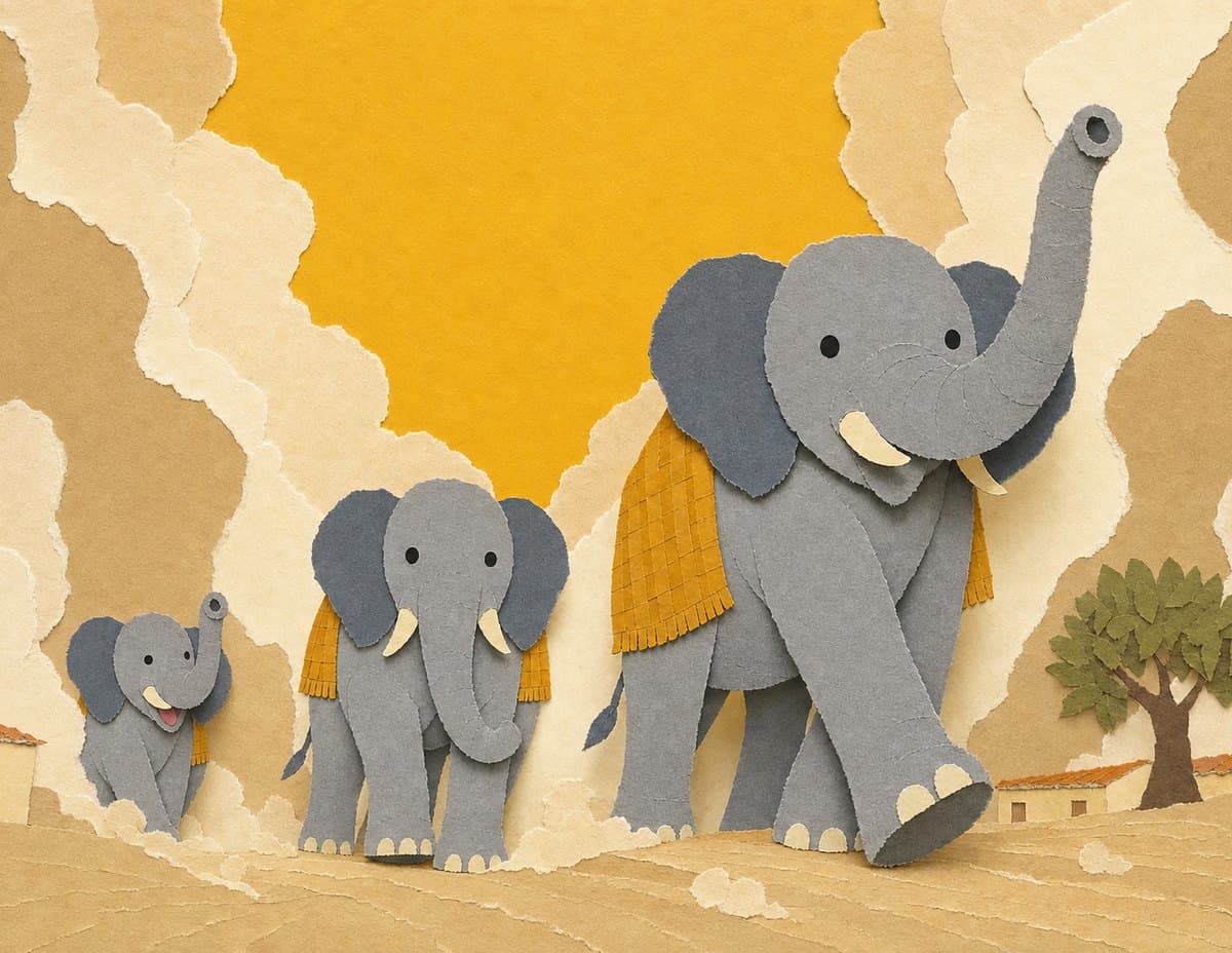 Three elephants, one big, one middle-sized and one small, walk out of a billowing cloud of dust, the biggest with its trunk raised, in cut-paper collage