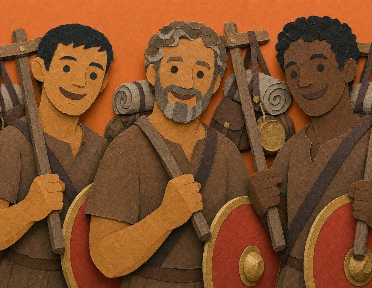 Three smiling soldiers, one gray-bearded, carry packs on poles over their shoulders, with round shields at their sides, in cut-paper collage