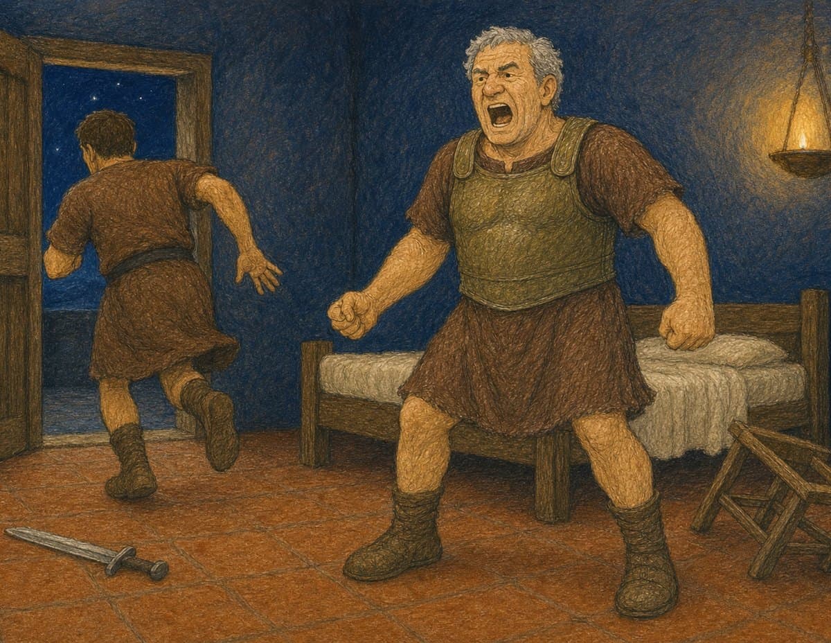 Gray-haired Marius in armor shouts with his fists clenched in a dark bedroom as a soldier runs out the door, a sword left on the floor, in soft crayon