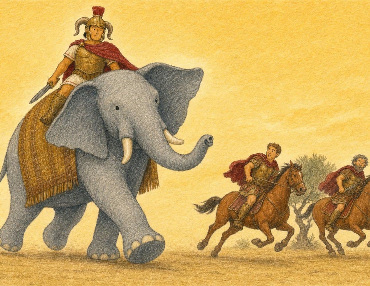 Pyrrhus in a horned, crested helmet rides a big gray elephant forward as Roman horsemen gallop away, in soft crayon