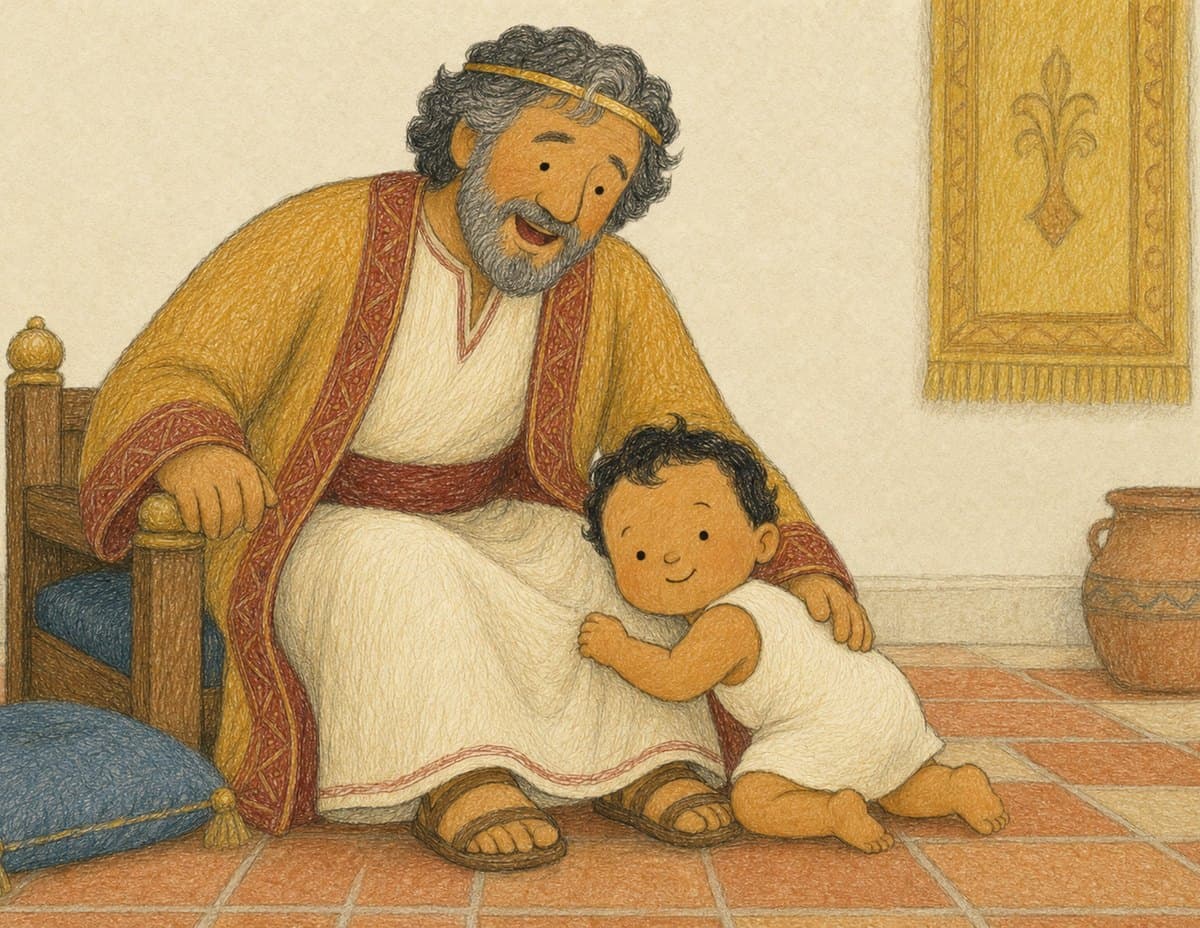 A smiling bearded king in a robe sits in a chair while a baby hugs his knee, in soft crayon