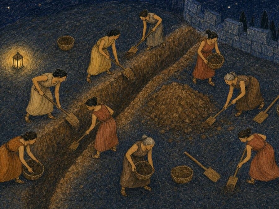 Women and girls dig a long trench at night by lantern light, carrying earth away in baskets, in soft crayon