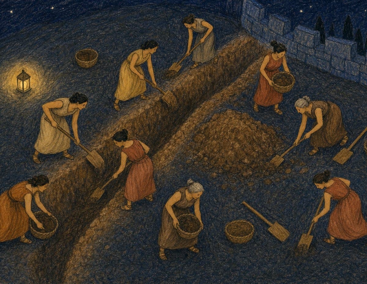 Women and girls dig a long trench at night by lantern light, carrying earth away in baskets, in soft crayon