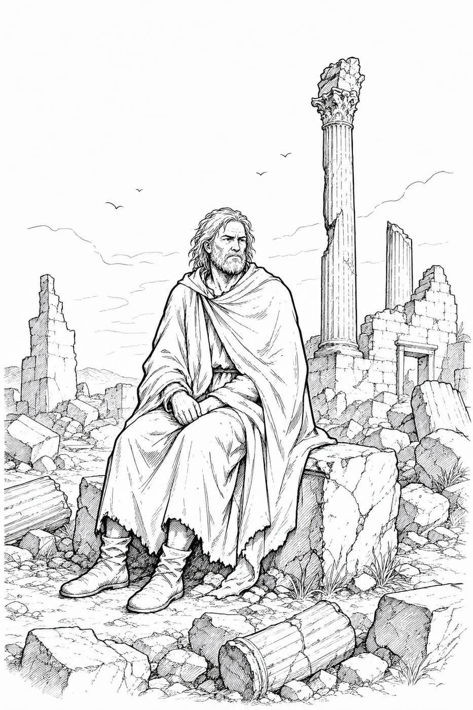 A bearded man in a cloak sits alone on a broken stone among fallen columns and ruined walls, in black-and-white line art