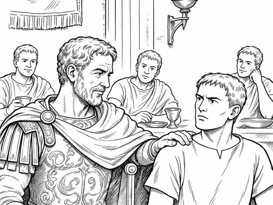 An older man in armor rests his hand on the shoulder of a young man beside him at a dinner table, with other diners behind, in black-and-white line art