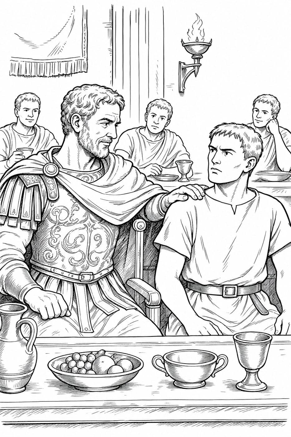 An older man in armor rests his hand on the shoulder of a young man beside him at a dinner table, with other diners behind, in black-and-white line art